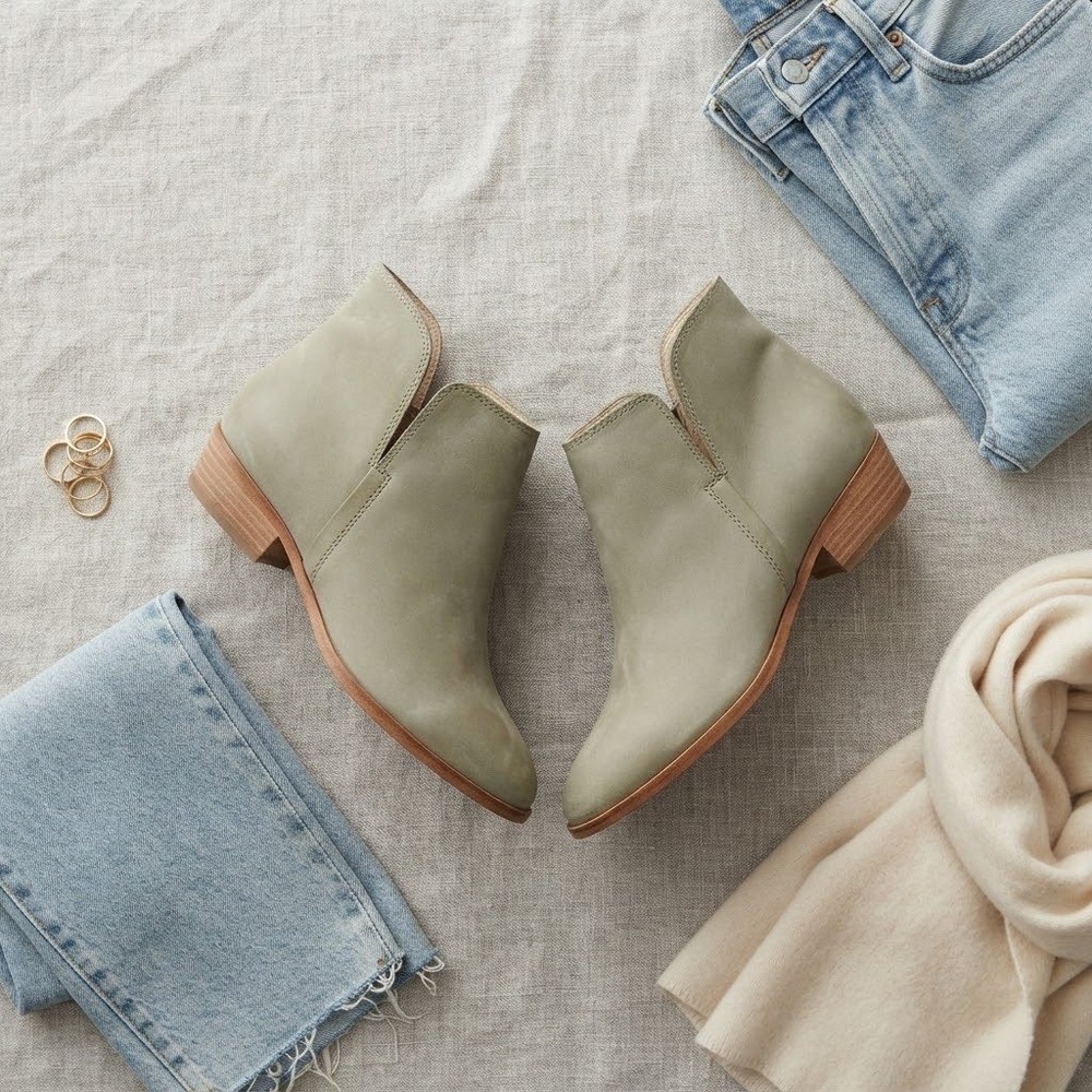 Splendid Ankle Boots Women 8.5 Green Leather V-Cut Side Zip Block Heel Boho